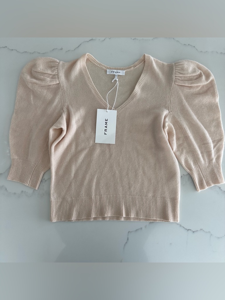 Frame Nwt Cashmere Short Puff Sleeve V Neck Sweater - Size S